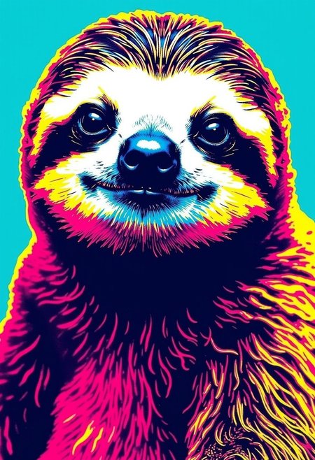 A pop art image of the happiest little sloth you've ever seen in the style of Andy Warhol