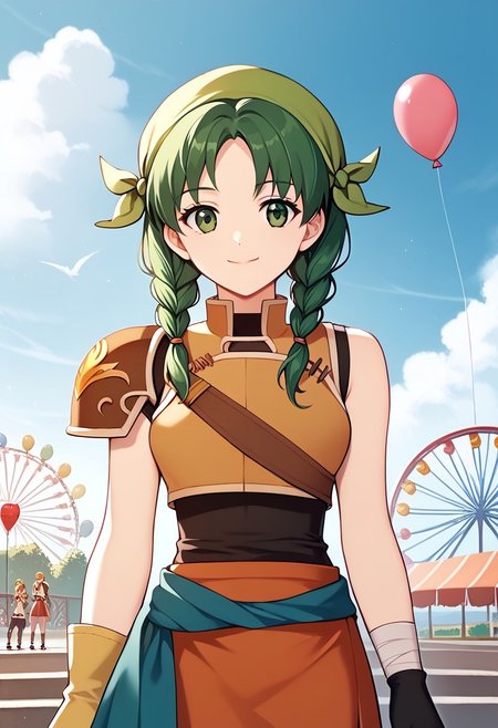 score_9, score_8_up, score_7_up, highres, (best quality:1.1), masterpiece, absurdes, multiple girls, utdoors, sky, solo focus, day, cloud, 1girl,  blue sky,balloon, roller coaster,  ferebecca, smile, looking at viewer, standing, twin braids, bandana, sleeveless, breastplate, shoulder armor, asymmetrical gloves, fingerless gloves, skirt, (upper body:1.1),smile
