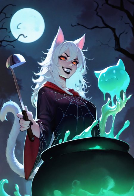 masterpiece, best quality, absurdres,  1girl,cat ears,fangs,spider web print,outdoors,white hair,orange eyes,slit pupils,black lips,robes,cauldron,evil grin,full moon,bubbling,magic,upper body,outline,cat tail,black nails,green goo,ladle <lora:phamoz_n11:1>