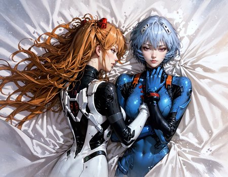score_9, score_8_up, score_7_up, score_6_up, score_5_up, score_4_up,  2girls, (Rei Ayanami, Asuka Souryuu Langley:1.2), from above, lying down, (plugsuit), light blue hair, short hair, blue cushions, velvet sheets, satin, expressiveh, castlevania, kojima ayami