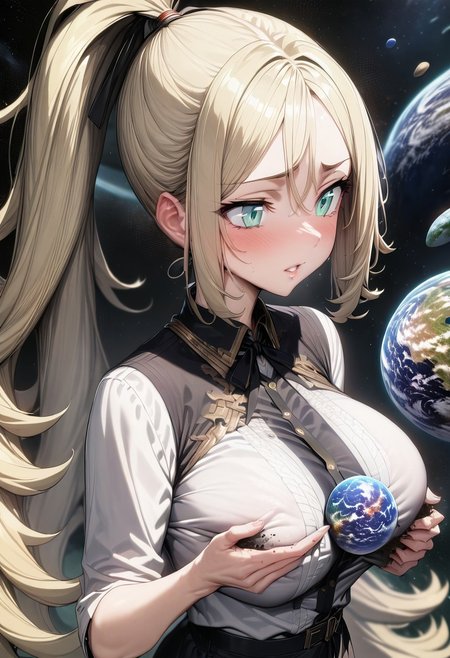 gorgeous lips, cinematic, (masterpiece), (best quality), (ultra-detailed), very aesthetic, perfect composition, intricate details, absurdres, detailed face, (anime, masterpiece, intricate:1.3), (best quality, hires textures, high detail:1.2), 
1girl, 1girl,korrina(pokemon),((blonde hair,ponytail:2,green eyes,aqua eyes,hair beetween eyes:1.2,((large breast)),,very long hair, solo, planet size, space, small planets, floating object, white wings, black ribbon, gradient eyes, beautiful detailed eyes, gradient background, holding planet, crushing planet, squeezed planet, (masterpiece:1.4), (best quality:1.4), (ultra-detailed:1.2), gl0w, glow