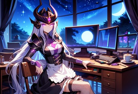 score_9_up, score_8_up, score_7_up, source_Syndra, sitting on a chair, (short maid dress, sexy maid dress, fishnet thight stockings), masterpiece, perfectly detailed, detailed face, detailed background, 1girl, BREAK, glowing white hair,
window, monitor, night view, night, stars, glitter, sparkles, mist, dramatic lighting, glowing eyes, purple eyes, full moon, long white hair, monitor on the desk, syndra head piece