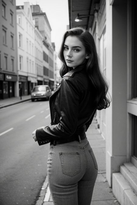 1950s Rebel \(style\) photo of cute thin 21 year old jp-Irena, Sleek straight hair, dark eyeliner, bold brows, Leather jacket, skinny jeans, white tee, Back alley, motorcycle, neon lights, Nikon Z50, 24mm f/1.8, 1/40s, ISO 500, CineStill BWXX