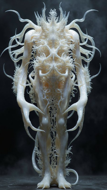 4byss, A towering humanoid entity composed of translucent, pearlescent white material resembling both ice and living tissue. Its elongated lower body tapers to digitigrade legs ending in sharp, crystalline talons. The creature's torso erupts into an intricate network of writhing, tendril-like appendages that curve and spiral outward symmetrically from its core, creating a hypnotic pattern reminiscent of frozen lightning or coral formations. These tendrils appear both organic and crystalline, catching and refracting light along their surfaces. The being's shoulders and upper arms are adorned with delicate, frost-like growths that resemble thousands of tiny ice needles or sea urchin spines arranged in dense clusters. The figure's surface texture shifts between glossy and matte, suggesting a material that's simultaneously liquid and solid. The entire form is backlit against a dark, misty background, emphasizing its otherworldly silhouette and the way light plays through its semi-transparent body. The overall composition suggests both deep-sea bioluminescence and ethereal, alien architecture, creating a being that exists between organic and geometric perfection. The creature appears to be in motion, captured mid-stride, with an elegantly threatening presence that combines grace and predatory purpose