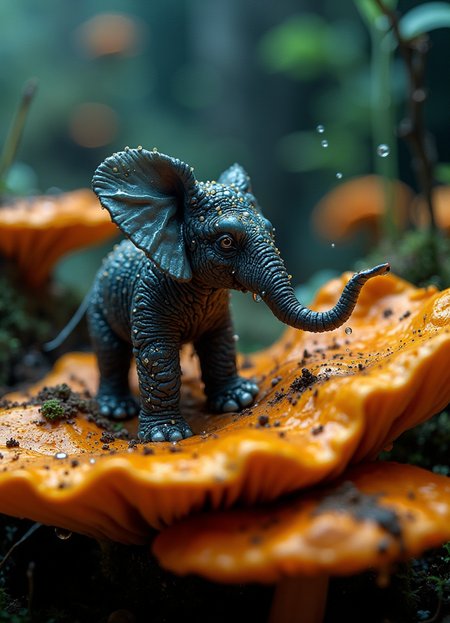 Surrealistic macro photography of a miniature elephant, no larger than a fingertip, delicately traversing a vibrant orange mushroom in a mystical forest setting. The elephant's skin is a deep azure, textured with intricate wrinkles and adorned with countless water droplets that catch the light like tiny crystals. Its trunk is elongated and curled slightly, exploring the mushroom's surface with curiosity. The creature's ears are exaggerated and fan-like, semi-transparent and veined like delicate leaves. Its eyes, disproportionately large, reflect an otherworldly intelligence. Impossibly fine eyelashes frame each eye, each lash bearing a perfect sphere of water. The elephant's feet are dainty and precise, leaving microscopic footprints on the mushroom's gills.
The surrounding environment is a dreamscape of oversized fungi in warm orange hues. Water droplets hover in the air, defying gravity, creating a magical atmosphere. The lighting is dramatic, with a soft glow emanating from the mushrooms, casting an ethereal backlight on the elephant. The depth of field is shallow, focusing sharply on the elephant while gently blurring the background into a tapestry of bioluminescent blues and teals. Every detail is captured in hyper-realistic clarity, from the individual particles of soil to the delicate spores floating in the air, creating a captivating blend of fantasy and photorealistic precision.
The surrounding environment is a dreamscape of oversized fungi in warm orange hues, contrasting sharply with the cool blue tones of the elephant and the misty background. Water droplets hover in the air, defying gravity, creating a magical atmosphere. The lighting is dramatic, with a soft glow emanating from the mushrooms, casting an ethereal backlight on the elephant. The depth of field is shallow, focusing sharply on the elephant while gently blurring the background into a tapestry of bioluminescent blues and teals. Every detail is captured in hyper-realistic clarity, from the individual particles of soil to the delicate spores floating in the air, creating a captivating blend of fantasy and photorealistic precision.