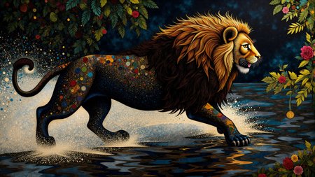 Medieval themed artwork depicting black-toned black lioness crossing a river, punk, intricate white and copper filigree, magical, billowing dark glitter, very detailed. The overall feel of the image is painterly. Additionally the image incorporates elements of mixed media including flowing lines drawn with fine pens and appliqued silverleaf. The general effect is of timeless fine art elegance. <lora:midjourney_whisper_chromaplex_v1:0.7> <lora:BookOfKells-Rapid:0.6> <lora:Paper_Marbling_Flux:0.6>