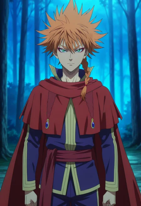 masterpiece, best quality, , anime screencap, anime coloring, official style, looking at viewer, 1boy, solo, male focus, <lora:leopold_vermillion_ilxl:0.92>, leopold_vermillion, orange hair, green eyes, spiked hair, long hair, braid, single braid, makeup, eyeshadow, eyeliner, cape, ethereal forest, glowing flora, misty paths, spectral animals, wandering pose, enchanted expression, moonlight, gym shorts,