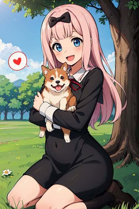 masterpiece, best quality, highres,caustics,  chika1, fujiwara chika, school uniform, black bow, black dress, red ribbon, long sleeves, blunt bangs, neck ribbon, collared dress, large breasts,<lora:fujiwaraChikaKaguya_v10:0.65>, 1girl, (smile:1.2),  :d,happy, park, grass , tree, hugging dog, shiba inu,  animal, blush, kneeling, spoken heart, squishing,