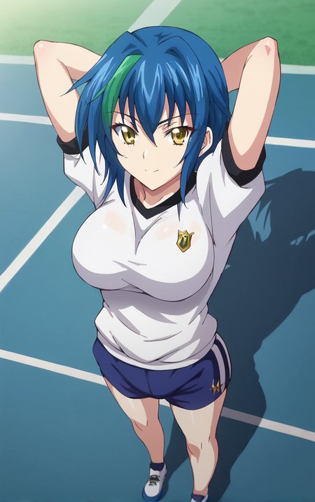 score_9, score_8_up, score_7_up, looking at viewer,  BREAK
GymUniform_XenoviaQuarta_ownwaifu, 
1girl, blue hair, eyes visible through hair, green hair, short hair, streaked hair, yellow eyes, multicolored hair, two-tone hair,  hair between eyes, large breasts, bangs, hair intakes,
gym uniform, white shirt, short sleeves, blue shorts,
 (watson cross, arms behind head, full body), shadow, halftone background, shoes,  <lora:PONYXL_HighSchoolDxD_XenoviaQuarta_ownwaifu:0.8> , depth of field, solo,