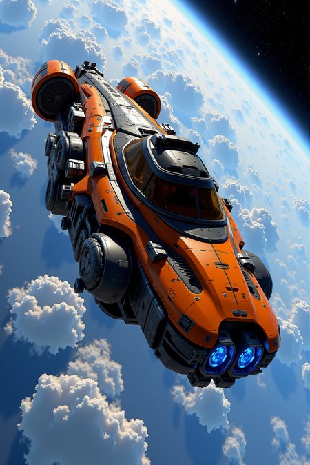 <lora:SpaceCraft_v.5:0.8> SPCCRFT style.
A robust, cargo-class spacecraft with industrial engineering elements, highlighted by a vivid triadic palette of burnt orange, jet black, and deep chrome, orbiting a blue Earth wrapped in sweeping atmospheric clouds; the hull features interlocked panels with reinforced ridges and glowing blue propulsion vents, while the cockpit canopy gleams in amber-tinted transparency; precision mechanics like gyro-mounted thrusters, exposed energy conduits, and modular docking clamps indicate its heavy-duty utility; the extreme wide-angle composition enhances the vesselâs scale, while chiaroscuro lighting adds dramatic weight and definition to the hull curvature and structural seams, delivering a vision of mechanical sophistication and orbital serenity suspended above the planetâs curvature.
