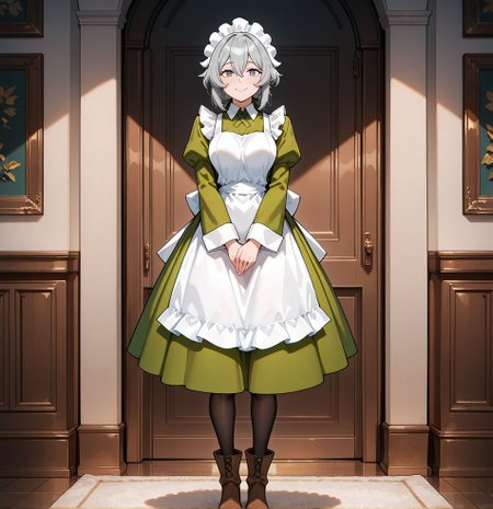 masterpiece,best quality,amazing quality,very aesthetic,absurdres,newest, huge filesize,
<lora:spo_sdxl_10ep_4k-data_lora_webui:0.5>,
<lora:add-detail-xl:1>
<lora:DANMACHI_V2:1>
danmachiV2,1girl,pantyhose,
maid headdress,apron,maid,
grey hair,grey eyes,
full body,smile,boots,
dress,green dress,
brown footwear,long sleeves,looking at viewer,
standing,hair between eyes,
d_syr,