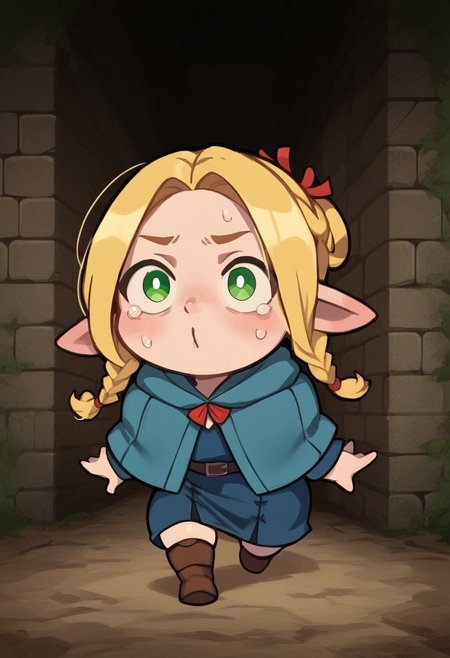 score_9, score_8_up, score_7_up, score_6_up, score_5_up, score_4_up, masterpiece, perfect face, perfect eyes, 4ng3l face, sexy girl, 1girl, ((bluemake)), chibi, short chibi, very short chibi, Marcilledonato, blonde hair, green eyes, white pupils, blue capelet, twin braids, blue robe, ((solo)), running, panic, scared, dungeon background