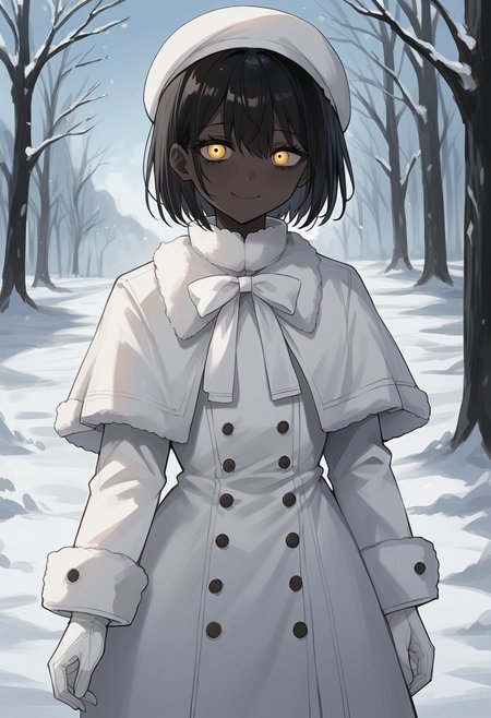 masterpiece, best quality, uncensored, source_anime, score_9, score_8_up, score_7_up, score_6_up, score_5_up, score_4_up, 1girl, solo, theprincess, dark-skinned female, very dark skin, black hair, short hair, yellow eyes, white dress, long sleeves, capelet, white bow, white gloves, white coat, fur trim, white headwear, beret, smile, cowboy shot, snow, outdoors, nature <lora:ThePrincess:0.8>