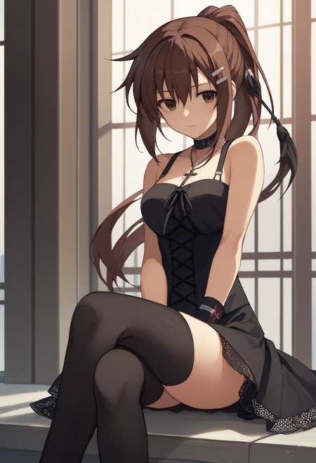 score_9, score_7_up, minakami yuki, brown hair, ponytail, brown eyes, hair ornament, hairclip, choker, black dress, sleeveless, necklace, wristband, black thighhighs, sitting, crossed legs,   <lora:Minakami Yuki 4:1>