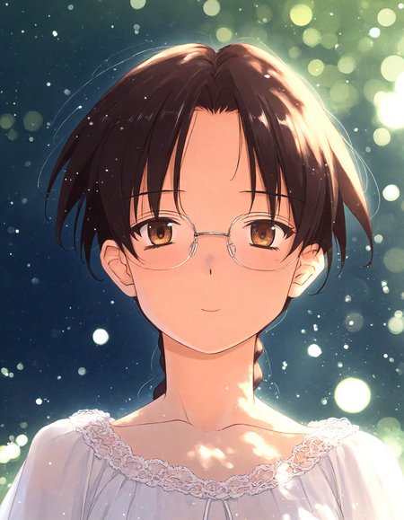 score_9, score_8_up, score_7_up, masterpiece, best quality, absurdres, official art, official style, (anime coloring, anime screencap, megami magazine, flat color:1.3), zPDXL2, zPDXLxxx,
<lora:Tsuina Style Pony_epoch_10:1.0>, tsuina_style
(cute face, beautiful face, detailed face, perfect face:1.3), 
dim lighting, light particles, dramatic lighting, bokeh, volumetric lighting, double exposure, 
rating_safe, standing, outdoors, (portrait:1.3), glasses