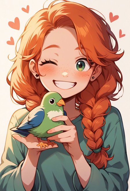 score_9, score_8_up, score_7_up, score_6_up,  <lora:p3tl0v3XLP:1> p3tl0v3, 1girl, 22yo, redhead, freckles, cute smile, Flower woven braids, bird on finger, cockatials, kawaii, cute, winking, hearts