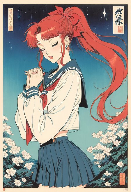 score_9, score_8_up, score_7_up, score_6_up, score_5_up, score_4_up, BREAK sourse_anime, retro anime style, detailed retro anime, 90's anime style, 1990s \(style\), Vintage, dreamy psychedelic anime, high quality, best quality, anatomically correct, masterpiece, BREAK 1girl, solo, from side, view from the back, BREAK blue hair, ponytail, (red hair ribbon), beautiful teenage girl, red neckerchief, BREAK serafuku, (white short with long sleeves), green pleated skirt, closed eyes, BREAK (hands reach out to the star), (night, shining stars in the sky on background), translucent rainbow, cowboy shot, ukiyo-e, solo