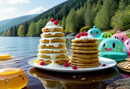 {foodphoto, a stack of pancakes made out of slime, (slime pancakes:1.5), slime syrup, pancakes covered in syrup, a swirl of whipped topping on top of a stack of pancakes, (slime whipped cream:1.5), (tan slime pancakes:1.5), (white slime topping:1.5)}, 
plate made of slime, table made of slime,
natural light, no bright spots, 
((translucent slime)), ((transparent slime)), made of water, (bioluminescent slime), sl1m3d, slime, slime-morph, ais-blmn, saturated colors, no creatures, no humans, no monsters, no pokemon, scenery only, scenery, no slime creatures,