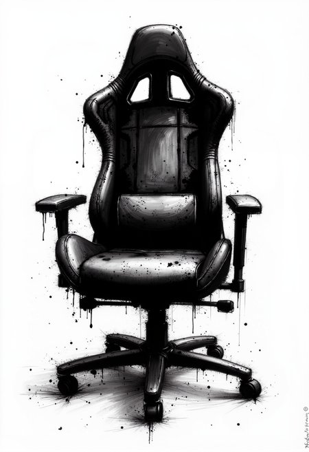 A rough ink drawing of a black gaming chair on white paper, featuring bold, uneven strokes and noticeable ink drips. The chair’s design is sketched with a raw, expressive style, focusing on exaggerated contours and asymmetrical details. The shading is haphazard and textured, with splatters and smudges adding a chaotic, unfinished aesthetic. The overall look conveys a sense of gritty, spontaneous artistry.