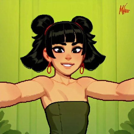 masterpiece,best quality,amazing quality, artist: melkor,, (artist: incase:0.7), 1girl, petite asian girl, black hair, (asymmetric short messy style, double bun), hime cut, fruit loop earring