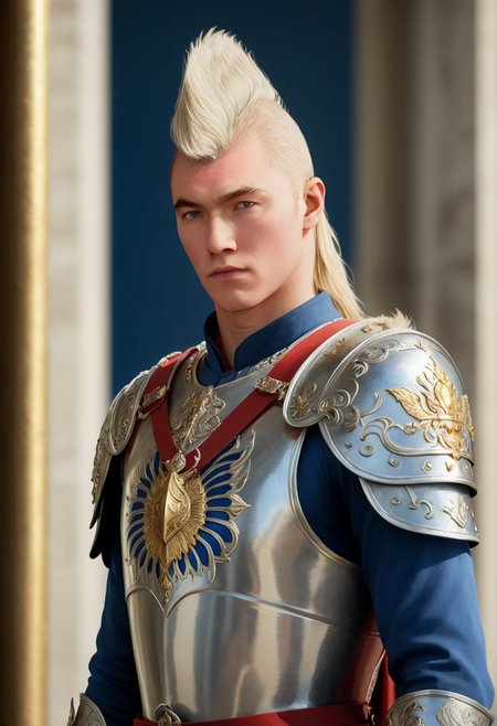 civitametapunkSDXL ,From behind, pen and ink, illustration, vibrant, beautiful, painterly, detailed, textural, artistic, concept art, masterpiece, <lora:add-detail-xl:1>, great lighting, BREAK, detailed face, watercolour painting of a palace guard, 25 year old, blonde hair, white skin, serious expression,halberd, in elaborate shining ornate ceremonial armor, silver and gold, red and blue, coat of arms depicting a silver tower on azure field, medieval, fantasy, blue and white, in front of palace door