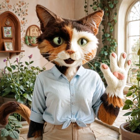 score_9, score_8, score_7, RosaTH, cat, whiskers, calico, furry, female, animal focus, collared shirt, shorts, animal, cat, whiskers,fullbody, indoors, ((cat tail)), ((half body)), ((waving with hand)), ((greeting)),((four fingers)), ((garden house)), ((looking at viewer))