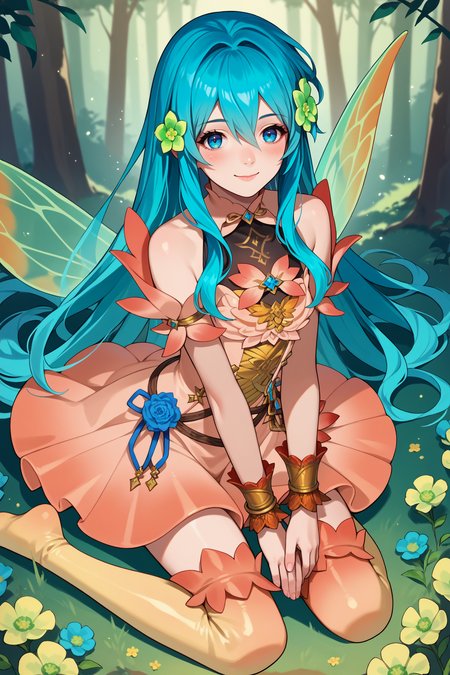 score_9, score_8_up, score_7_up, score_6_up, source_anime, 1girl, solo  <lora:resplendenteirika-pdxl-nvwls-v1-000005:1> rsEir, cyan hair, long hair, hair between eyes, hair flower, green flower, pink dress, gradient clothes, insect wings, bracelet, gradient thighhighs, kneeling, full body, looking at you, smile, blush, forest, night