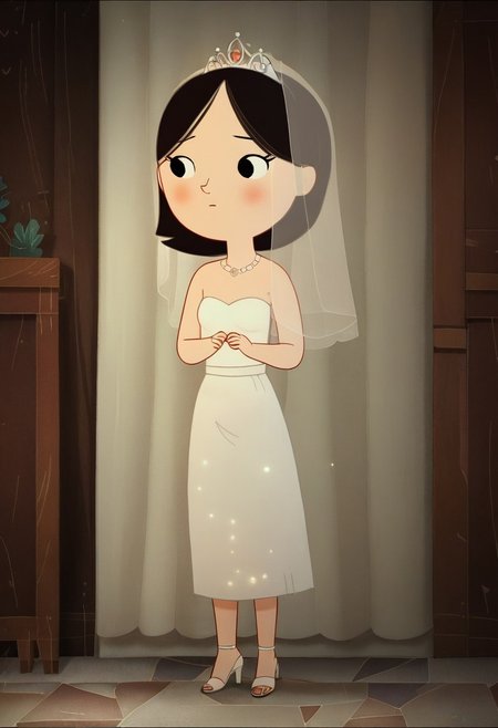 zPDXL3, source_cartoon, Perfect Hands, full body, 1girl, solo, saoirse, black hair, black eyes, blush, short hair, Full body, barefoot, Perfect Hands, Wedding dress, Wedding veil, Golden tiara, white high heels sandals, indoors,  (detailed backbround:1.3)