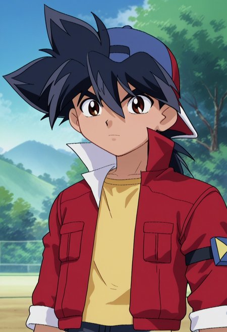 score_9, score_7_up, source_anime
takakinom, 1boy, male focus, solo, brown eyes, black hair, spiked hair, hat, baseball cap, backwards hat, shirt, yellow shirt, jacket, red jacket, popped collar, open jacket, open clothes, 
outdoor,