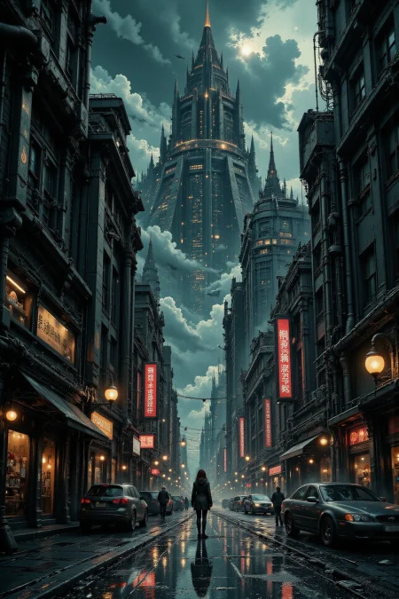 city, street, beautiful misterious futuristic sci-fi cyberpunk landscape, rainy day, woman, very intricate, very detailed, sharp, colorful, <lora:Hand v2:1> <lora:Anti-Blur:1> <lora:Insane Detail Slider:0.5>  <lora:Flux.1_Turbo_Detailer:0.6> <lora:flux.1_lora_flyway_Epic-detail_v2:0.6> <lora:flux-charmer-v1-1:0.4><lora:Vibrantly_Sharp_style_v.5:0.4> <lora:The_Dark_Side_Of_The_Future:0.8> <lora:Neurocore Anime Cyberpunk v2.0:0.7> A digital artwork in the style of cknc