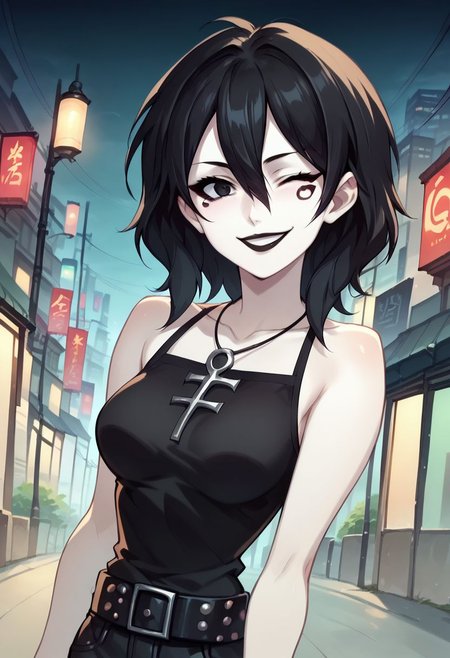 D_endless, anime screencap, 1girl, black eyes, black hair, medium hair, hair between eyes, pale skin, white body, medium breasts, facial mark, ankh necklace, black top, bare shoulders, studded belt, black pants, looking at viewer, black lips, goth, night, smile, one eye closed, skyscraper,, score_9, score_8_up, score_7_up, score_6_up, score_5_up, score_4_up, ponypositive