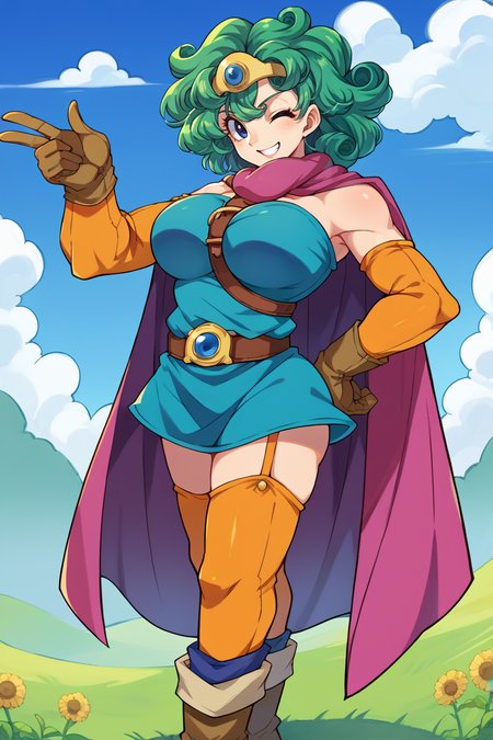 score_9, score_8_up, score_7_up, score_6_up, source_anime, 1girl, solo  <lora:dq4sofia-pdxl-nvwls-v1-000005:1> dq4sofia, curly hair, green hair, tiara, large breasts,  <lora:dq3heroine-pdxl-nvwls-v1:1> purple cape, blue dress, strapless dress, belt, elbow gloves, yellow thighhighs, boots, field, looking at you, wink, smile, hand on hip