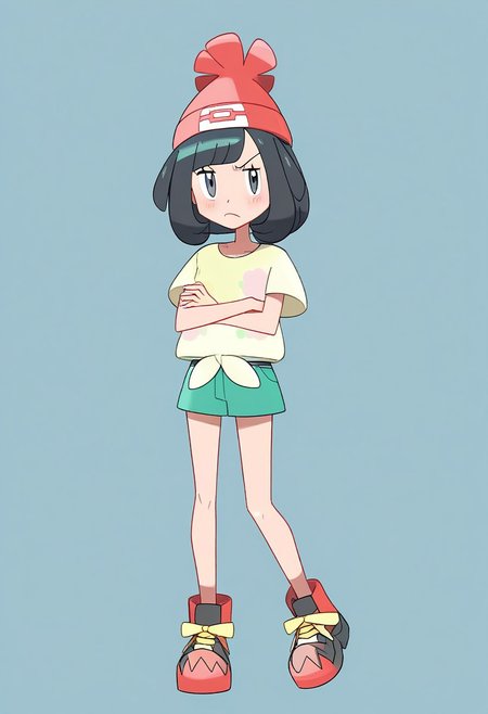 tongue, c0smi5, pokemon, pokemon_sm, selene_(pokemon), 1girl, black_hair, blush, closed_mouth, crossed_arms, frown, glaring, grey_eyes, hat, jitome, looking_at_viewer, medium_hair, red_hat, shirt, short_sleeves, solo, Selene_(Pokemon), TzigoCBS, yellow_shirt, original anime style, full body