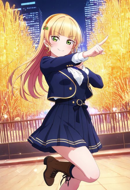 masterpiece, best quality, solo, 1girl, aged up, happy, 
 heanna_sumire, sumire_heanna, long hair, bangs, blonde hair, green eyes, blunt bangs, hairband, orange hairband, chic fashion idol look, asymmetrical skirt, stylish blazer with gold trim, lace-up boots, star earrings, rooftop stage at night, city lights glowing below, spotlight beams crossing in the sky, striking a dramatic pose, glamorous and powerful energy