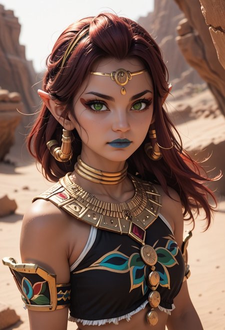 score_9, score_8_up, score_7_up, score_6_up, riju, 
1girl, solo, looking at viewer, long hair, gold, jewelry, green eyes, red hair, pointy ears, dark-skinned female, makeup, lipstick,  neck ring, blue lips, breasts
cowboy shot, dutch angle, desert background, lightning, SK_Fantasy,
<lora:riju_pdxl6:1>  <lora:Smooth Anime Style LoRA XL:1>