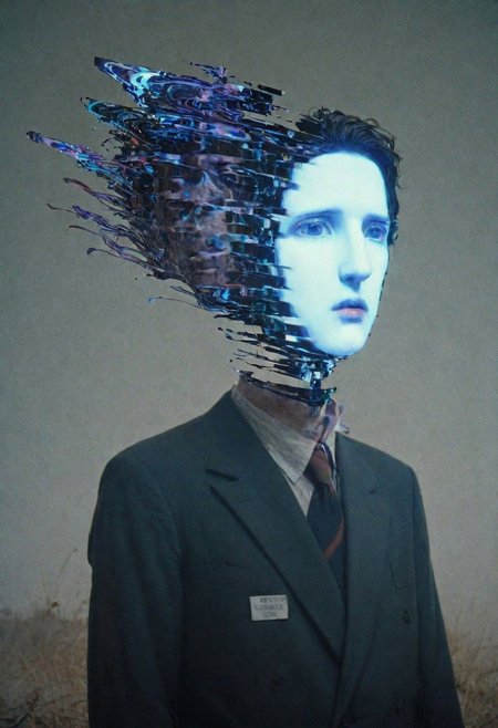 He lifts his head from his head, his eyes on strands of eyes, and in the glitch light handmade and homespun, he sees the visions of pasts lost in enigmatic phantoms and faces of light