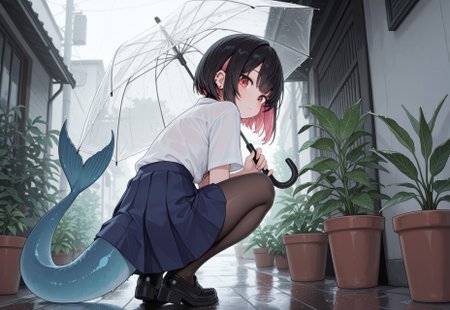 masterpiece, best quality, amazing quality, 1girl, transparent, transparent umbrella, skirt, solo, umbrella, tail, holding, red eyes, shirt, looking at viewer, holding umbrella, piercing, ear piercing, white shirt, blue skirt, multicolored hair, black hair, squatting, plant, pleated skirt, short hair, pink hair, colored inner hair, pantyhose, looking back, virtual youtuber, closed mouth, outdoors, potted plant, earrings, fish tail, jewelry, tonerostyle