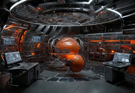 sci-fi computer station, multiple projected screens, planet blueprint on screens, orange color only while the rest are grey, hacking theme, computers around, server racks around, giant sci-fi computer in the middle, data storages, low camera angle