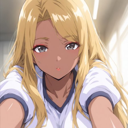 solo,looking at viewer,upper_body,masterpiece,high score,great score,absurdres,gym uniform,<lora:Furyou2_kisaku ag4o v1:1> furyoushoujo2, blonde hair, long hair, dark skin, black eyes, makeup,