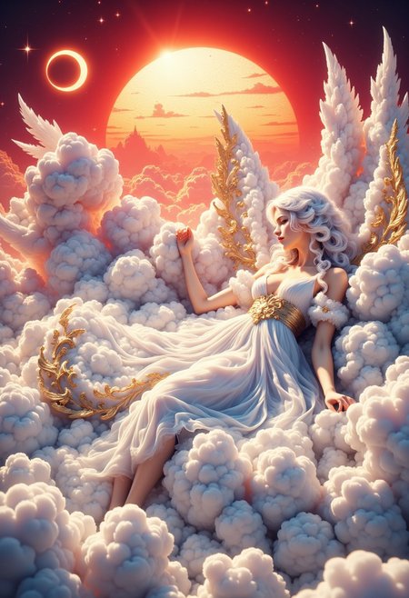 masterpiece, an extremely delicate and beautiful, extremely detailed, 2k wallpaper, Amazing, finely detail, a female angel is lying on a cloud and sleeping. wearing a white dress with golden complex details. sun in background. DreamArt, made out of clouds, vivid colors, vivid background, red sun
