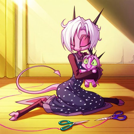 score_9, score_8_up, score_7_up,namah_calah,
1girl,solo,furry,tail, source_furry,horns,
 ,<lora:namah_calah_illustrious:0.8>,
child, kid, 
Sewing a plush toy, needle, thread, plushie, fabric_scraps, scissors, polka_dot_dress, wooden_floor, sunlight, ribbon