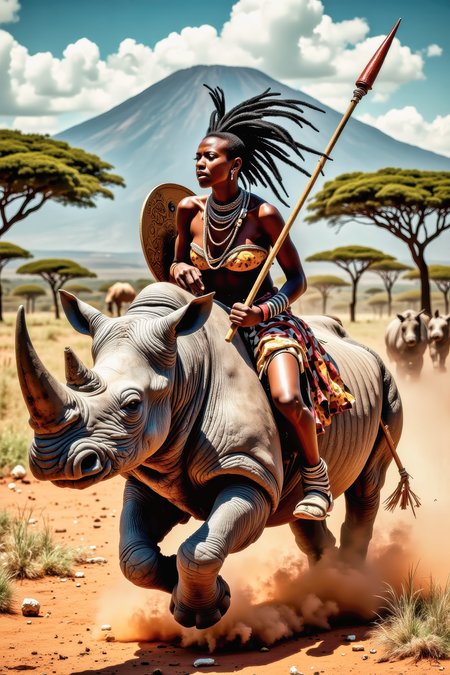 Real photograph of an African warrior woman, black skin, Nubian,  beautiful, breathtaking,  athletic, (small breasts:1.4),  earrings, necklace, wrist bands,  dangerous, fierce,  riding astride an angry ferocious charging rhinoceros,  leaning forward while brandishing a decorated spear and shield,  fierce face, yelling out a war cry,  African savannah with umbrella trees,  mount Kilimanjaro in the background,  intricate details, masterpiece, elegant, complex patterns,  (full body shot from head to toe:1.6),  dramatic and dynamic lighting, sunny intense atmosphere <BaroqueColorful:0.73>