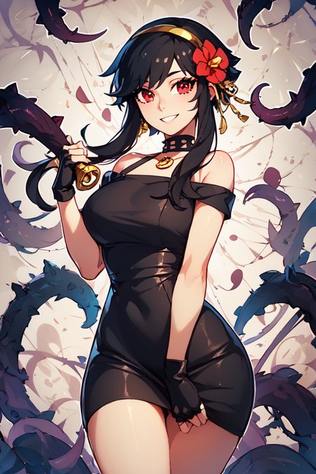 score_9, score_8_up, score_8, big breasts, (curvy), cute, eyelashes,      rating safe,   BREAK,  YorForger,1girl,black hair, red eyes, short hair with long locks, gold hairband, hair flower, black choker, black dress, sleeveless, off shoulder, floral print, fingerless gloves, black footwear, thigh holding dagger,   BREAK,   smile, looking at viewer, abstract background, thorns, dark theme, white outline, cowboy shot,   embedding:zPDXL, Expressiveh  <lora:YorForgerXLpony004:0.8>,  <lora:CatalystStylePDXL:0.6>,  <lora:SDXLFaeTastic2400:0.5>,  <lora:Expressive_H-000001:0.4>,