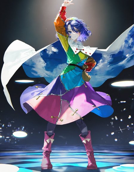 tenkyuu_chimata, 1girl ,rella, quasarcake:0.7, rolua, optical illusion, negative space, saturday_night_fever,blue_hair, breasts, cape, hairband , looking_at_viewer ,multicolored_hairband, pantyhose, purple_eyes ,short_hair ,smile, solo, sweat ,white_cape, disc,  disco,CDs, arm_up , hand_on_own_hip, index_finger_raised, outstretched_arm , dance_floor, dancing,
<lora:illustrious_noobai_epsilon_pred_1_best_quality_v1:0.7> ,<lora:illustrious_noobai_epsilon_pred_1_masterpieces_v1:0.7>, <lora:ponyv4_noob1_2_adamW:0.5>, <lora:add_details_xl:0.7>, <lora:CDs_SDXL:1>,
masterpiece, best quality, amazing quality, very aesthetic, absurdres, newest,