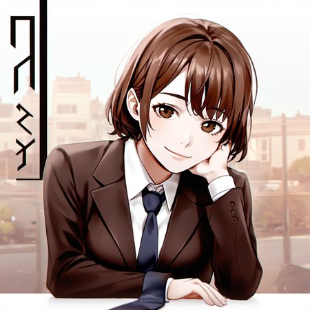 1girl,brown eyes, brown hair, head rest, leaning forward, looking at viewer, necktie, short hair, signature, smile, solo, upper body