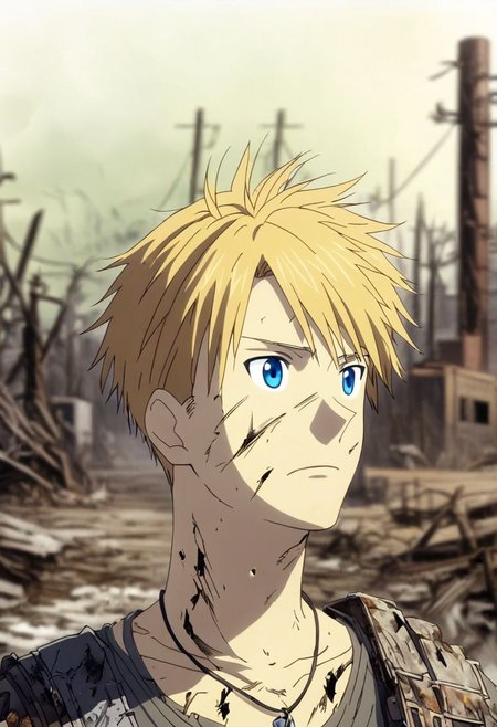 high resolution, solo, best quality, 1Boy, Yamato Ishida, Blond Hair, Blue Eyes, Necklace, shallow depth of field, Post-Apocalyptic, survival, OverallDetail