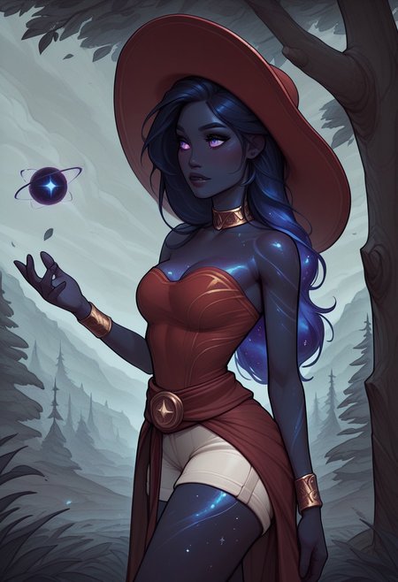 masterpiece, best quality, absurdres, frostbite, Nyx, (nv-celestialskin, colored skin, void cosmic body:1.4), celestial eyes, long black celestial hair, slender and regal physique, large breasts, (red headwear, hat:1.2), bracelet, jewelry, neck ring, red shirt, sash, short sash, shirt, shorts, strapless, strapless shirt, waist cape, white shorts, set on a grassy knoll, under a large oak tree,