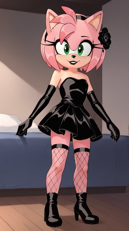 indoors,bedroom
headshot,smile,parted lips,happy
black t-shirt
<lora:Princess_Peach_Shiny_Style_V2:0.6>,<lora:AmyBlackRose_v03_PDXL:1>,AmyBlackRose,1girl,solo,furry female,short hair,pink hair,hairband,bangs,hair ornament,hair flower,black hairband,sidelocks,green eyes,makeup,long eyelashes,black lipstick,animal nose,animal ears,body fur,pink fur,fishnet thighhighs,black gloves,elbow gloves,black dress,strapless dress,full body,âââ