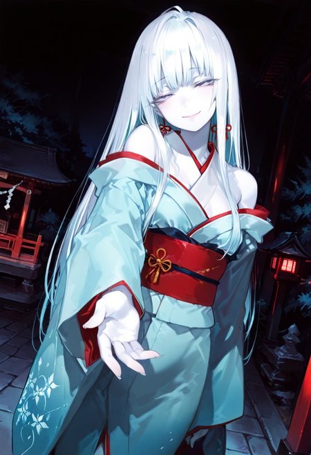 masterpiece, best quality, good quality, newest, highres, absurdres, volumetric lighting,gradient color,
BREAK 
raytracing, volumetric lighting, ambient occlusion, girl, luminescent background, masterpiece, best quality, very awa, absurdres, 
BREAK
Yukinoshita Yukino, Yuki-onna, colored skin, (white skin:1.3), solo, long hair, white hair, luscious lips, model style,
 evil eyes, evil, bullying, sinister, 
BREAK
masterpiece,amazing quality,best quality,ultra-detailed,8K,illustration,CG,shiny hair,clear skin,ultra-detailed-eyes,simple background,cute girl, eyelashes
BREAK,
long kimono, light blue Kimono, off the shoulders kimono, outdoors, shrine, night, moonlight, dutch angle, dark theme, high contrast, reaching towards viewer, foreshortening, smile, half-closed eyes, head tilt, sash,