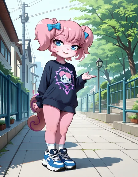 masterpiece, best quality, very aesthetic, absurdres,
outdoors, streetwear, 
full body, posing, 
seductive smile, parted lips, long eyelashes,
 <lora:Twiggy_v01_NAIXL:1>
Tw166y,1girl,solo,furry,furry female,squirrel girl,pink hair,squirrel ears,short hair,twintails,hair bow,blue eyes,blush stickers,animal nose,buck teeth,body fur,pink fur,squirrel tail,